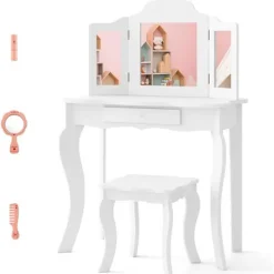 COSTWAY Sminkbord>sminkbord för barn med pall, sminkbord med trepanelsspegel och låda, 70 x 34 x 103 CM Vit