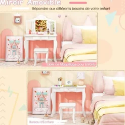 COSTWAY Sminkbord>sminkbord för barn med pall, sminkbord med trepanelsspegel och låda, 70 x 34 x 103 CM Vit