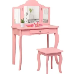 COSTWAY Sminkbord>sminkbord för barn med pall, sminkbord med trepanelsspegel och låda, 70 x 34 x 103 CM