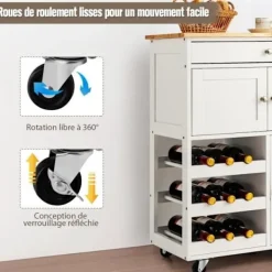 COSTWAY Sideboards>Rullande köksvagn med toppservering av gummiträ Köksvagn med låda och flaskhållare