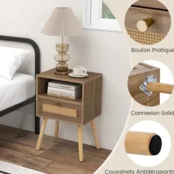 COSTWAY Sängar>Set med 2 nattduksbord i rotting med låda och öppen hylla, 4 ben i massivt trä, 40 x 30 x 60,5 cm