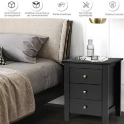 COSTWAY Sängar>Set med 2 nattduksbord, modernt sängbord med 3 lådor, för sovrum, 46 x 37 x 65 CM