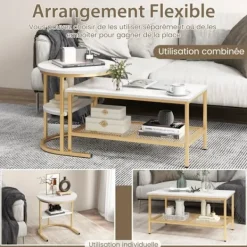 COSTWAY Soffbord>Set med 2 skandinaviska soffbord - Marmortryck sidobord - Guld metallram, justerbara fotstöd