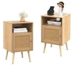 COSTWAY Sängar>Set med 2 sängbord med Cannage-dörr och massiva träben, sidobord för sovrum, vardagsrum 40 x 39 x 70 cm
