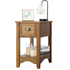 COSTWAY Sängar>sidobord med låda, ben av gummi, 56x33x58,5 cm, Retro soffavslut för sovrum, vardagsrum, ljusbrun