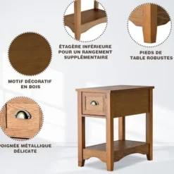 COSTWAY Sängar>sidobord med låda, ben av gummi, 56x33x58,5 cm, Retro soffavslut för sovrum, vardagsrum, ljusbrun