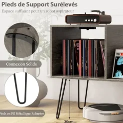 COSTWAY Hyllor>skivspelares lagringsenhet, 2 nätuttag och 2 USB-portar, löstagbara avdelare, upp till 145 album,