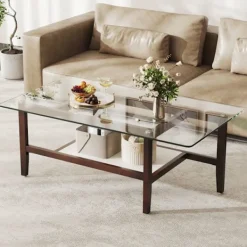 COSTWAY Soffbord>Skrivbord i Glas med 2 Nivåer, Ben i Gummiträ, Rektangulärt Väggbord på 107 cm för Kontor