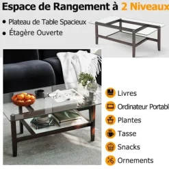 COSTWAY Soffbord>Skrivbord i Glas med 2 Nivåer, Ben i Gummiträ, Rektangulärt Väggbord på 107 cm för Kontor