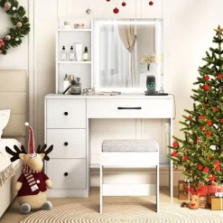 COSTWAY Sminkbord>Skrivbord med Spegel och Pall, Justerbar Ljusfärg, Laddningsstation, 4 Lådor, Förvaringshyllor