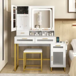 COSTWAY Sminkbord>Skrivbord och Pall, LED Belysningsspegel med 3 Färger, Laddstation, Smyckeskåp, 4 Lådor och Dörr