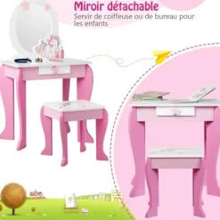 COSTWAY Sminkbord>Sminkbord för barn Sminkbord med pall, löstagbar spegel och 1 förvaringslåda i Princess Style