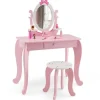 COSTWAY Sminkbord>sminkbord för barn med pall, sminkbord i trä med roterande oval spegel, låda och 2 hyllor, rosa