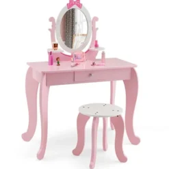 COSTWAY Sminkbord>sminkbord för barn med pall, sminkbord i trä med roterande oval spegel, låda och 2 hyllor, rosa