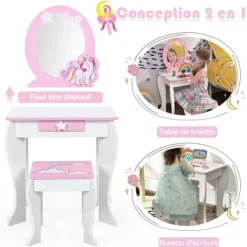 COSTWAY Sminkbord>Sminkbord för barn Sminkbord med pall, avtagbar spegel och 1 Princess Style förvaringslåda Vit