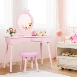 COSTWAY Sminkbord>Sminkbord för barn med låda och pall, sminkbord för flickor i europeisk prinsessstil