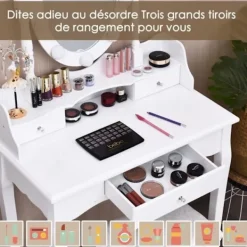 COSTWAY Sminkbord>Sminkbord med 11 LED-lampor, pall och 360° spegel, 3 lådor kan förvandlas som ett skrivbord Vit