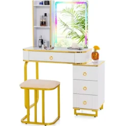 COSTWAY Sminkbord>Sminkbord med pall och spegel, dimbar RGB LED-lampa, trådlös laddningsstation, USB, Type-C, Fjärrkontroll,