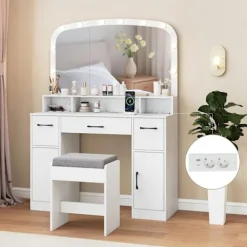 COSTWAY Sminkbord>Sminkbord med Pallen Hollywood Spegel Med Justerbart LED Ljus, Laddstation Vit