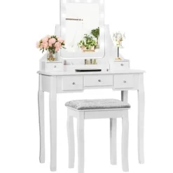 COSTWAY Sminkbord>Sminkbord med pall och 360° roterande spegel - Sminkbord - 10 LED-lampor med justerbar ljusstyrka, 5 lådor