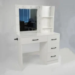 COSTWAY Sminkbord>Sminkbord med Spegel, LED-lampor i 3 Färger, Laddstation, Justerbar Luminiscens, 4 Lådor, Hårtorkshållare