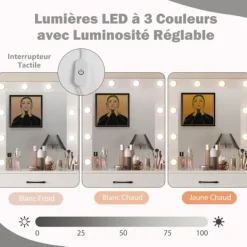 COSTWAY Sminkbord>Sminkbord med Spegel, LED-lampor i 3 Färger, Laddstation, Justerbar Luminiscens, 4 Lådor, Hårtorkshållare
