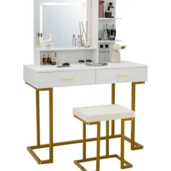 COSTWAY Sminkbord>Sminkbord med upplyst spegel och pall, stålram med 2 lådor, 2 hyllor för sovrum, garderob