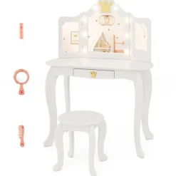 COSTWAY Sminkbord>sminkbord och pallset för barn med upplyst spegel, justerbar ljusstyrka, 80 x 40 x 106 cm, vit