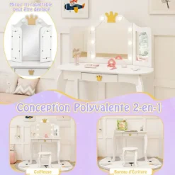 COSTWAY Sminkbord>sminkbord och pallset för barn med upplyst spegel, justerbar ljusstyrka, 80 x 40 x 106 cm, vit