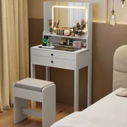 COSTWAY Sminkbord>Sminkbord och Pall, Spegel, Belysning med 3 Ljusstyrkor, Laddstation, 2 Lådor, Perfekt Present
