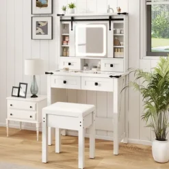 COSTWAY Sminkbord>Sminkbord och pallset, skjutspegel, 3 färg LED, justerbar ljusstyrka, 4 lådor, justerbara hyllor