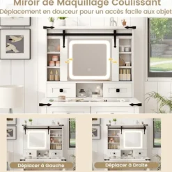 COSTWAY Sminkbord>Sminkbord och pallset, skjutspegel, 3 färg LED, justerbar ljusstyrka, 4 lådor, justerbara hyllor