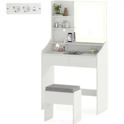 COSTWAY Sminkbord>Sminkbord och Pentry, Spegel med 3 Färger Ljus, Laddningsstation, Justerbar Ljusstyrka, 2 Lådor
