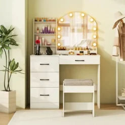 COSTWAY Sminkbord>Sminkbord och Stol, med Spegel och Justerbart LED-ljus i 3 Färger, Laddstation, 4 Lådor,