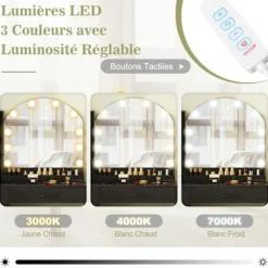 COSTWAY Sminkbord>Sminkbord och Stol, med Spegel och Justerbart LED-ljus i 3 Färger, Laddstation, 4 Lådor,