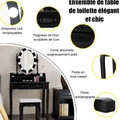 COSTWAY Sminkbord>Sminkbord Sminkbord med pall - 360° vridbar oval spegel, justerbar glödlampa i 3 färger, 4 lådor - svart