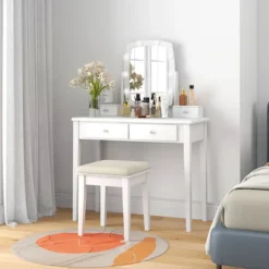 COSTWAY Sminkbord>Sminkbordsset med pall och 360° vridbar belyst spegel, 10 dimbara LED-lampor, 4 lådor,