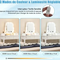 COSTWAY Sminkbord>Sminkbordsset med pall och 360° vridbar belyst spegel, 10 dimbara LED-lampor, 4 lådor,