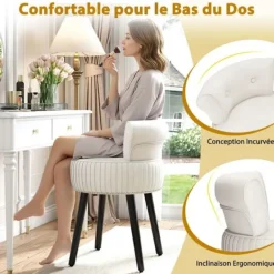 COSTWAY Pallar>Sminkstol med Låg Klädd Rygg och Massiva Träben - Mitten av Seklet Vit