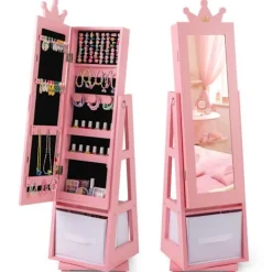 COSTWAY Sminkbord>Smyckesskåp för barn, fristående spegel med stor förvaringskapacitet och vridbar bas, rosa