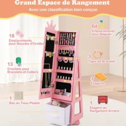 COSTWAY Sminkbord>Smyckesskåp för barn, fristående spegel med stor förvaringskapacitet och vridbar bas, rosa