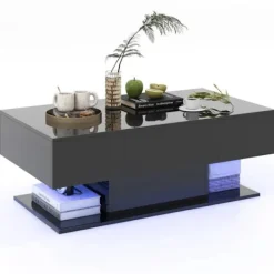 COSTWAY Soffbord>soffbord med 20 färgglada LED-lampor, sidobord med 22 lägen och lådor, fjärrkontroll, blank finish, svart