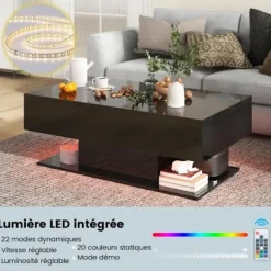 COSTWAY Soffbord>soffbord med 20 färgglada LED-lampor, sidobord med 22 lägen och lådor, fjärrkontroll, blank finish, svart