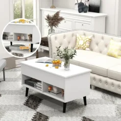 COSTWAY Soffbord>Soffbord med hiss Modernt vardagsrumsbord med dold förvaring 2 öppna fack 80x40x44,5-58CM