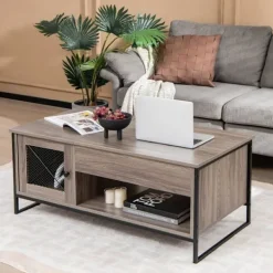 COSTWAY Soffbord>soffbord med pneumatisk lyftbricka, 104 x 55 x 58 CM, öppna fack och 2 skåp, 2-dörrars design