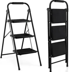 COSTWAY Pallar>Step Pall 3 Steg Vikbar Bred Heavy Metal Ram Halkfri pedal 64 x 39 x 90 cm Kapacitet 150 kg Svart