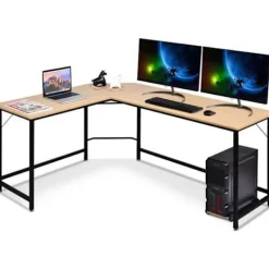 COSTWAY Kontorsmöbler>Stort hörnskrivbord L168 x W125 x H74CM - Upp till 3 datorer med CPU-hållare i industriell stil, ram i naturmetall