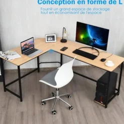 COSTWAY Kontorsmöbler>Stort hörnskrivbord L168 x W125 x H74CM - Upp till 3 datorer med CPU-hållare i industriell stil, ram i naturmetall