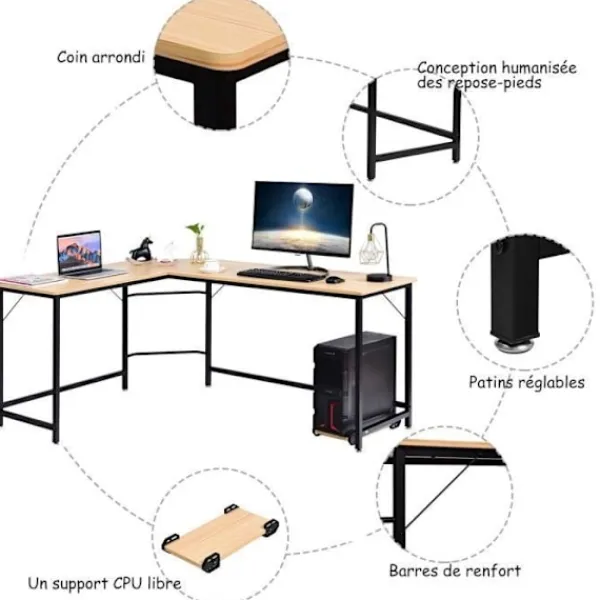 COSTWAY Kontorsmöbler>Stort hörnskrivbord L168 x W125 x H74CM - Upp till 3 datorer med CPU-hållare i industriell stil, ram i naturmetall