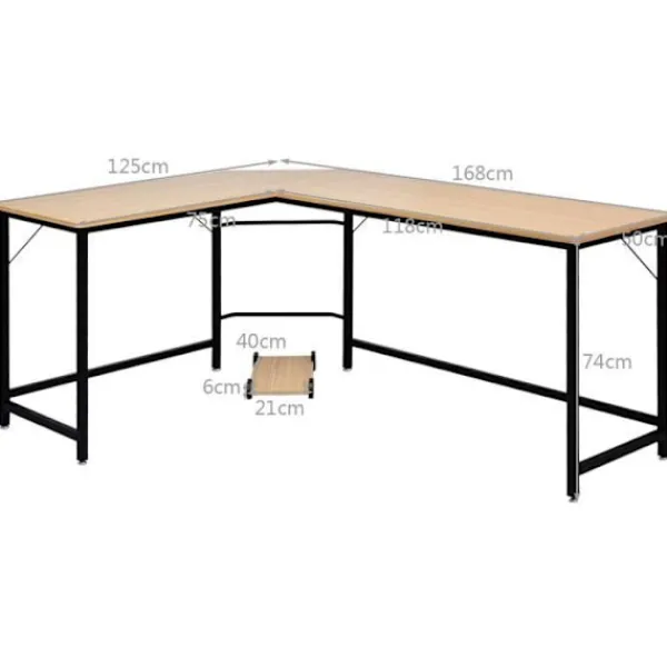 COSTWAY Kontorsmöbler>Stort hörnskrivbord L168 x W125 x H74CM - Upp till 3 datorer med CPU-hållare i industriell stil, ram i naturmetall
